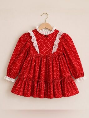 Red Floral Eyelet Trim Girls Dress